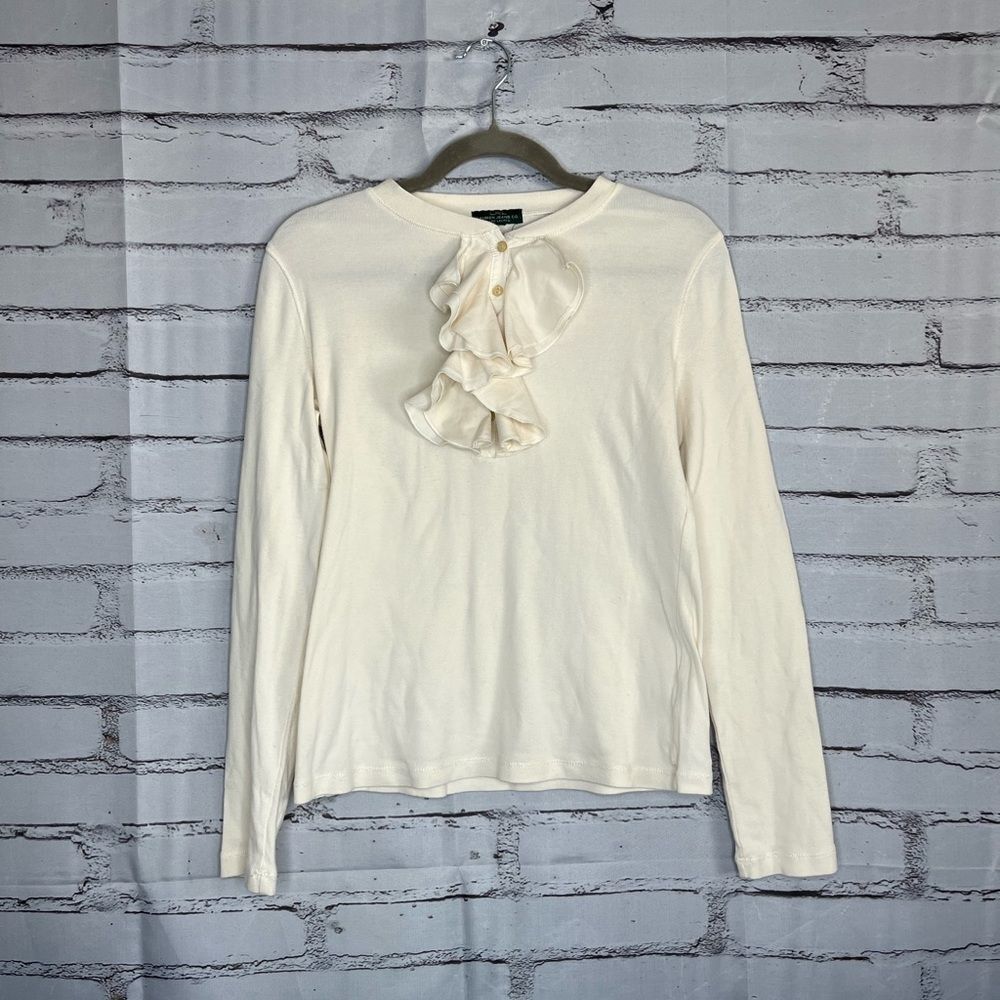 Lauren Jeans Co Ruffle Front ¼-Button Long Sleeve White Top Preppy M Blouse Y2K
